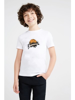 Qivi Silhouette Street Basketball Baskılı Unisex Çocuk Beyaz T-Shirt