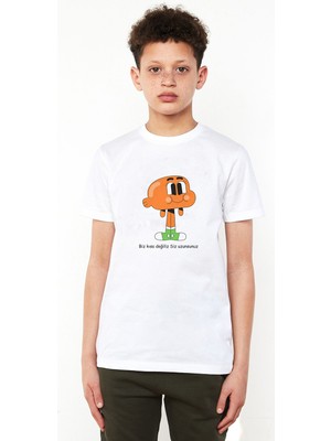 Qivi Gumball Biz Kısa Degiliz Siz Uzunsunuz Baskılı Unisex Çocuk Beyaz T-Shirt