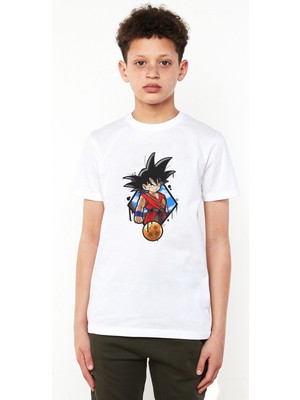 Qivi Anime Dragon Ball Baskılı Unisex Çocuk Beyaz T-Shirt