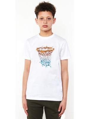 Basketbol Pota Baskılı Unisex Çocuk Beyaz T-Shirt
