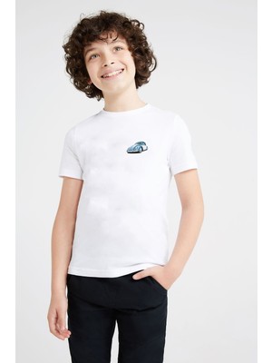 Mavi Vosvos Tosbağa Göğüs Baskılı Unisex Çocuk Beyaz T-Shirt