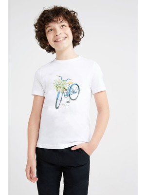 Watercolor Bicycle Baskılı Unisex Çocuk Beyaz T-Shirt