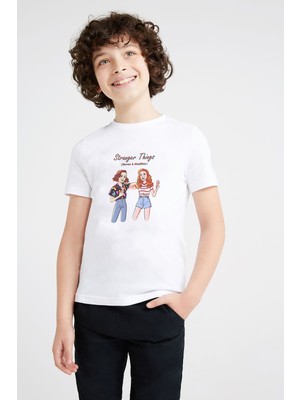 Stranger Things Eleven & Madmax Baskılı Unisex Çocuk Beyaz T-Shirt