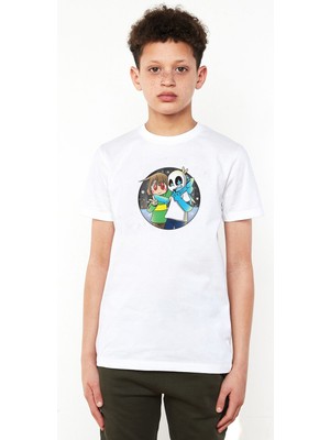 Undertale Skull Sans Os Baskılı Unisex Çocuk Beyaz T-Shirt