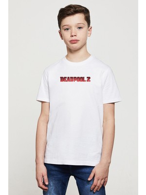 Deadpool 2 Logo Yazı Baskılı Unisex Çocuk Beyaz T-Shirt