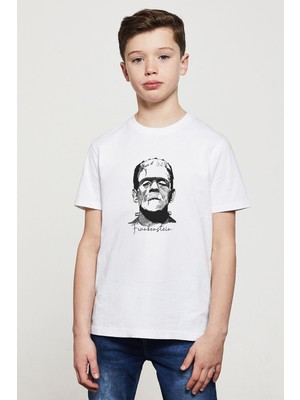 Frankenstein Baskılı Unisex Çocuk Beyaz T-Shirt