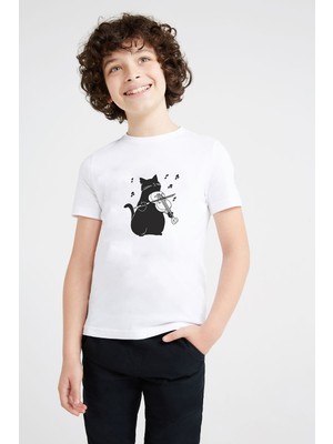 Silhouette Black Cat Playing Violin Baskılı Unisex Çocuk Beyaz T-Shirt