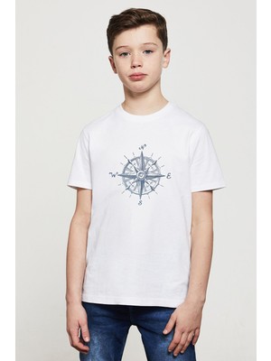 Watercolor Compass Pusula Baskılı Unisex Çocuk Beyaz T-Shirt