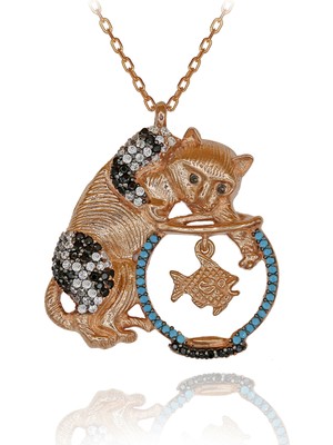 Renkli Taşlı Akvaryumda Balık Yakalayan Kedi Gümüş Kolye