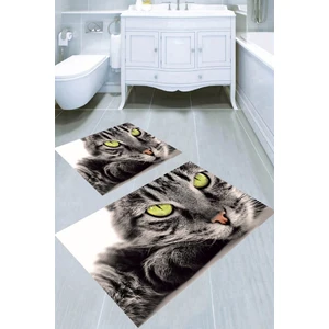 Siyah Kedi Desenli Kaymaz Taban Yıkanabilir 2'li Desenli Banyo Paspası (50X60 cm - 60X100 Cm)