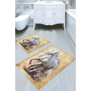 Tablotik Beyaz At Desenli Kaymaz Taban Yıkanabilir 2'li Desenli Banyo Paspası (50X60 cm - 60X100 Cm)