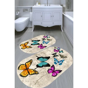 Eskitme Kelebek Desenli Kaymaz Taban Yıkanabilir 2'li Desenli Banyo Paspası (50X60 cm - 60X100 Cm)