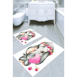 Sevgi Dolu Fil Desenli Kaymaz Taban Yıkanabilir 2'li Desenli Banyo Paspası (50X60 cm - 60X100 Cm)