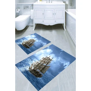 Ay Işığında Gemi Desenli Kaymaz Taban Yıkanabilir 2'li Desenli Banyo Paspası (50X60 cm - 60X100 Cm)