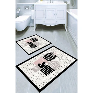 Siyah Çerçeve Kaktüs Desenli Kaymaz Taban Yıkanabilir 2'li Desenli Banyo Paspası (50X60 cm - 60X100 Cm)