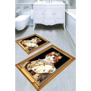 Çerçeve Detaylı Kedi Tasarımlı Kaymaz Taban Yıkanabilir 2'li Desenli Banyo Paspası (50X60 cm - 60X100 Cm)