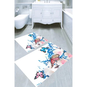 Beyaz Çiçekler ve Kelebek Dansı Desenli Kaymaz Taban Yıkanabilir 2'li Desenli Banyo Paspası (50X60 cm - 60X100 Cm)