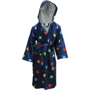 Lucy and Home  Pamuk Unisex Geometrik Baskılı, Kadife, Lacivert Çocuk Bornozu