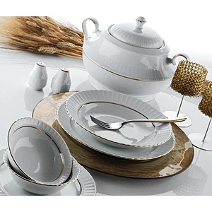 Güral Porselen Sedef 22 cm. Çukur Yemek Tabağı Çukur Tabak 6 Adet Altın Fileli