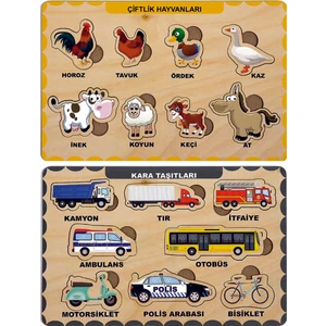 Ahşap Bul Tak Eğitici 2 Adet Yapboz Puzzle Seti