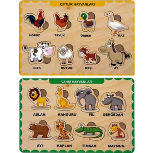 Ahşap Bul Tak Eğitici 2 Adet Yapboz Puzzle Seti