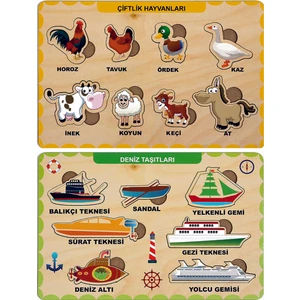 Ahşap Bul Tak Eğitici 2 Adet Yapboz Puzzle Seti