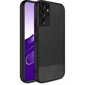 Samsung Galaxy S21 Ultra Fabrik Serisi Kumaş ve Deri Desen Kılıf - Siyah