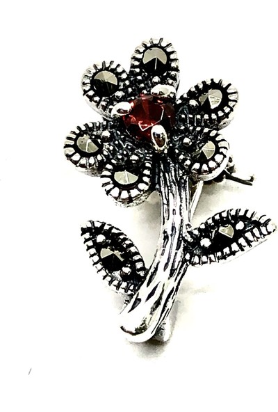 Ebrar Mini Çiçek Broş Küçük Boy 925 Ayar Gümüş Kırmızı Taşlı Çiçek Figürlü Kadın Broş