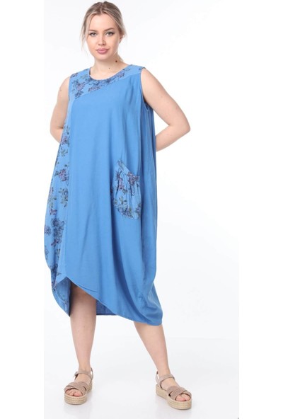 Luisido Mavi Sıfır Kol Çiçek Desenli Salaş Elbise