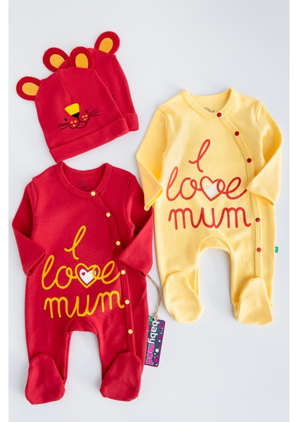 I Love Mum Taraftar Sarı Kırmızı Ikili Bebek Tulum Takım