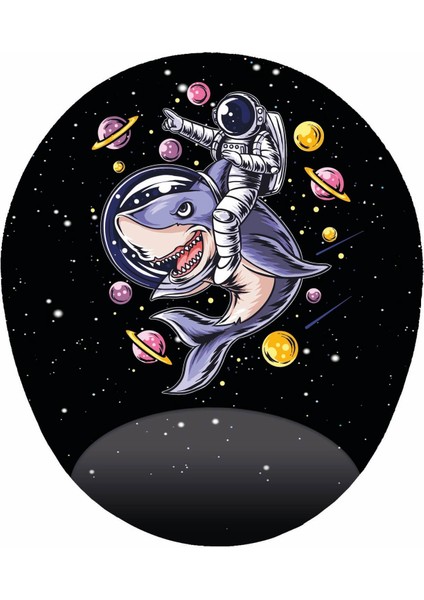 Köpek Balığına Binen Astronot Oval Bilek Destekli Tasarım Mouse Pad