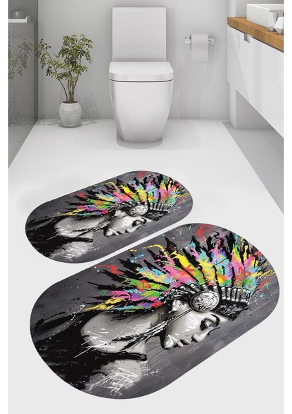 Tüylü Kızıldereli Kaymaz Taban Yıkanabilir 2'li Desenli Banyo Paspası (50X60 cm - 60X100 Cm)