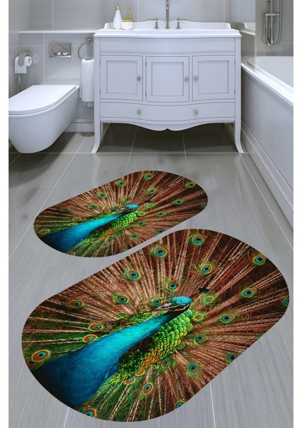 Tavus Kuşu Kaymaz Taban Yıkanabilir 2'li Desenli Banyo Paspası (50X60 cm - 60X100 Cm)