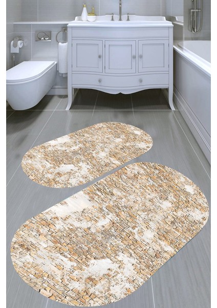 Duvar Tugla Desenli Kaymaz Taban Yıkanabilir 2'li Desenli Banyo Paspası (50X60 cm - 60X100 Cm)