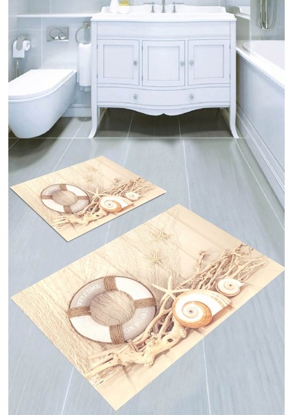 Tahta Deniz Kabukları Desenli Kaymaz Taban Yıkanabilir 2'li Desenli Banyo Paspası (50X60 cm - 60X100 Cm)