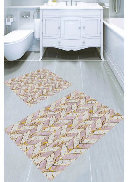 Mermer Zemin Altın Detay Desenli Kaymaz Taban Yıkanabilir 2'li Desenli Banyo Paspası (50X60 cm - 60X100 Cm)