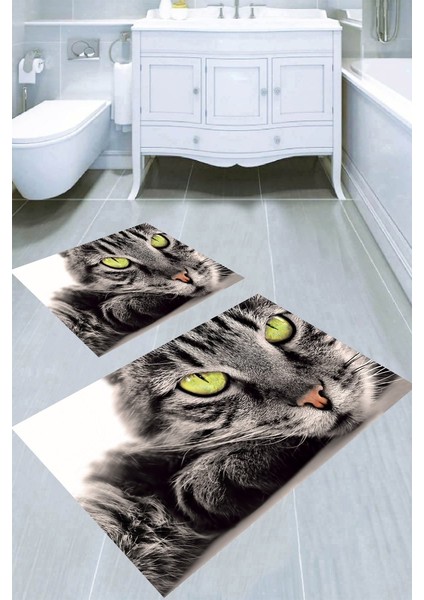 Siyah Kedi Desenli Kaymaz Taban Yıkanabilir 2'li Desenli Banyo Paspası (50X60 cm - 60X100 Cm)