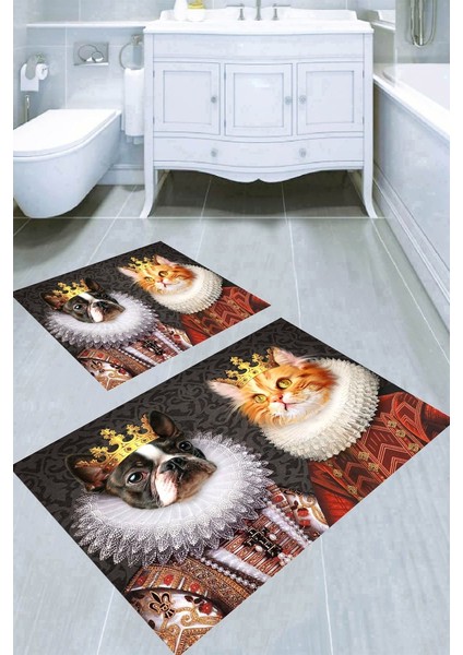 Soylu Kraliyet Hayvanları Desenli Kaymaz Taban Yıkanabilir 2'li Desenli Banyo Paspası (50X60 cm - 60X100 Cm)