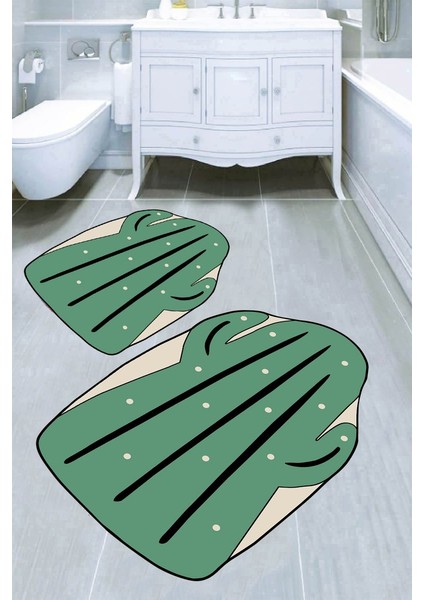 Yeşil Kaktüs Desenli Kaymaz Taban Yıkanabilir 2'li Desenli Banyo Paspası (50X60 cm - 60X100 Cm)