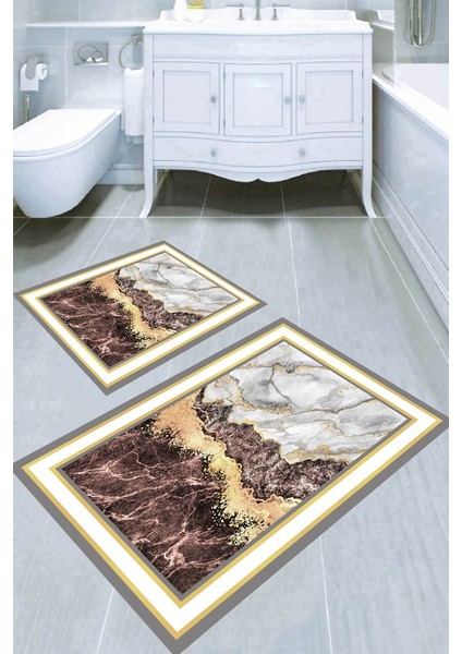 Çerçeve Kahve Mermer Desenli Kaymaz Taban Yıkanabilir 2'li Desenli Banyo Paspası (50X60 cm - 60X100 Cm)