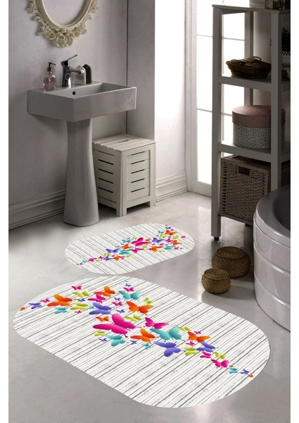 Kelebek Desenli Kaymaz Taban Yıkanabilir 2'li Desenli Banyo Paspası (50X60 cm - 60X100 Cm)