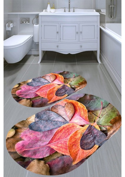 Renkli Yaprak Desenli Kaymaz Taban Yıkanabilir 2'li Desenli Banyo Paspası (50X60 cm - 60X100 Cm)