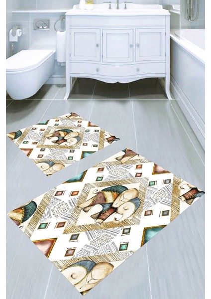 Bereketli Fil Desenli Kaymaz Taban Yıkanabilir 2'li Desenli Banyo Paspası (50X60 cm - 60X100 Cm)