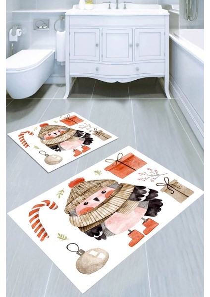 Kış Baykuşu Desenli Kaymaz Taban Yıkanabilir 2'li Desenli Banyo Paspası (50X60 cm - 60X100 Cm)