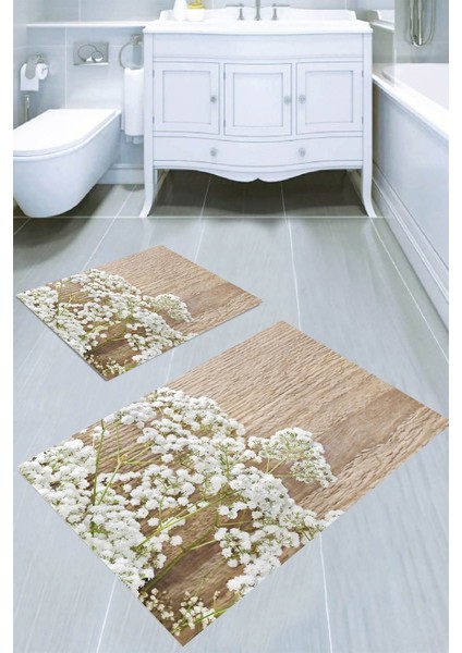 Bahar Çiçeği Desenli Kaymaz Taban Yıkanabilir 2'li Desenli Banyo Paspası (50X60 cm - 60X100 Cm)