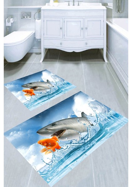 Balıkların Arkadaşlığı Desenli Kaymaz Taban Yıkanabilir 2'li Desenli Banyo Paspası (50X60 cm - 60X100 Cm)