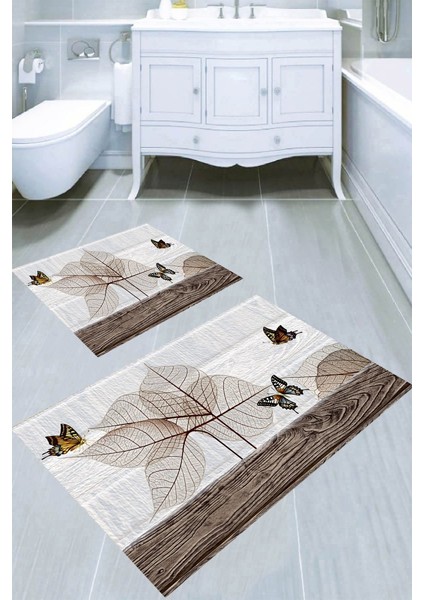 Tahta Zeminli Sonbahar Yaprakları Desenli Kaymaz Taban Yıkanabilir 2'li Desenli Banyo Paspası (50X60 cm - 60X100 Cm)