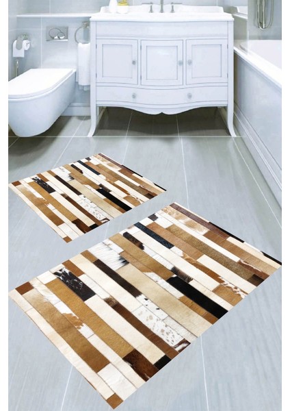 Tay Tüyü Görünümlü Kaymaz Taban Yıkanabilir 2'li Desenli Banyo Paspası (50X60 cm - 60X100 Cm)