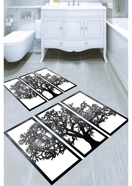 Parçalı Ağaç Tablo Desenli Kaymaz Taban Yıkanabilir 2'li Desenli Banyo Paspası (50X60 cm - 60X100 Cm)