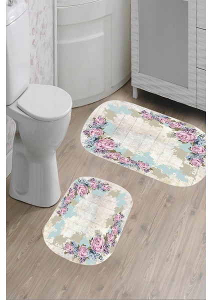 Tahtalı Çiçek Kaymaz Taban Yıkanabilir 2'li Desenli Banyo Paspası (50X60 cm - 60X100 Cm)